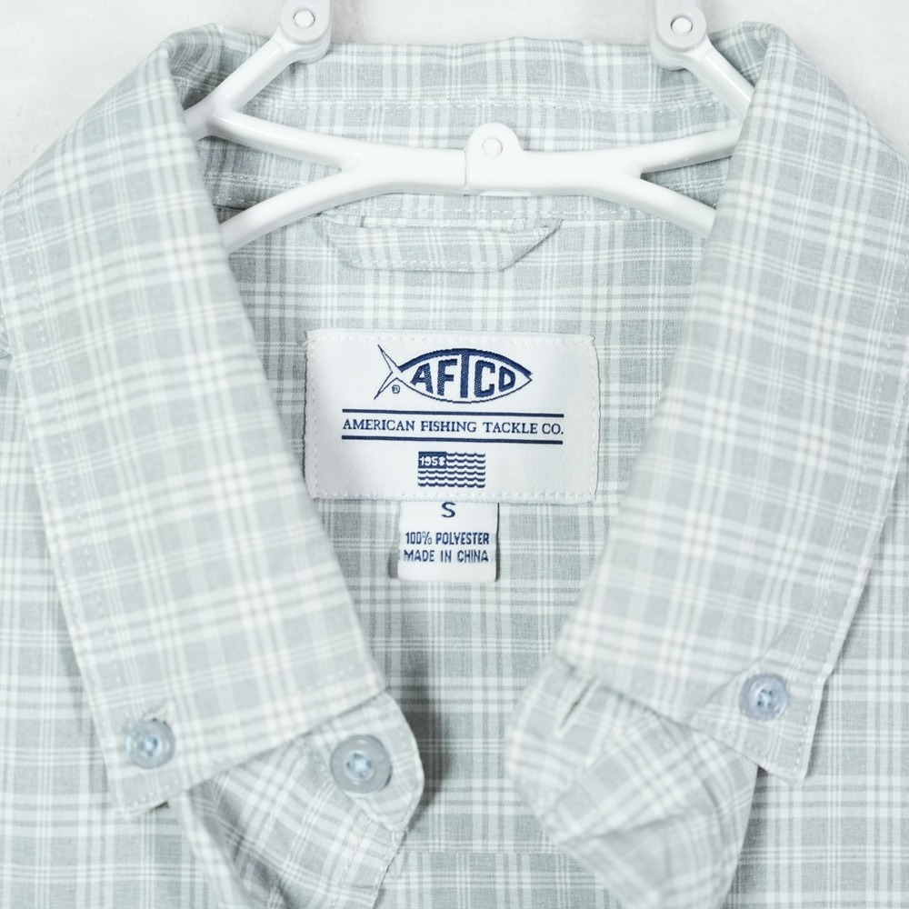 AFTCO Mens Short Sleeve Plaid Fishing Shirt Grey White Daiwa Logo Size S - Picture 3 of 7